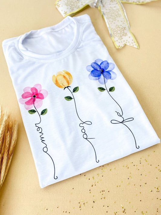 T-shirt Flores Amor, Paz, Fé