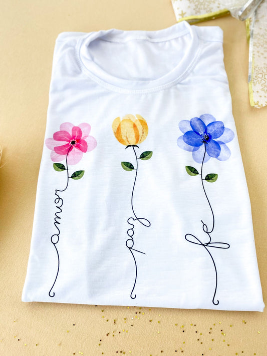 T-shirt Flores Amor, Paz, Fé